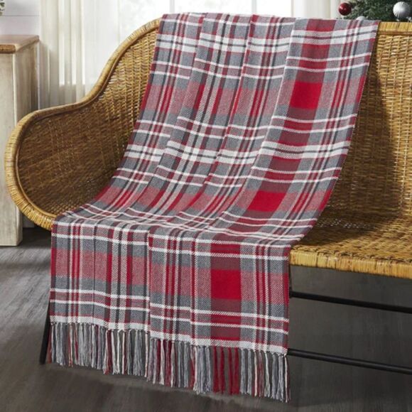 Red Gray Plaid Christmas Fringed Throw Blanket Red Black Farmhouse Lodge Rustic - Picture 1 of 4